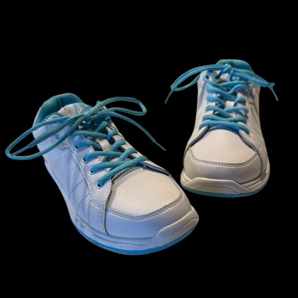 KR Strikeforce Satin Bowling Shoes in White and Aqua with FlexSlide Technology